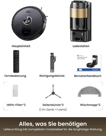 Робот-пилосос Proscenic Q20Plus з функцією миття, 10000Pa, 200хв, бездротовий, самостійна очистка, 3-в-1 для тварин, килимів, твердих поверхонь, чорний