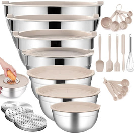 Набір місок для перемішування з кришками, 26 предметів, нержавіюча сталь, 3 тертки, міски для кухні, випічки, холодильника, зберігання продуктів, органайзер, 7 розмірів (Хакі)