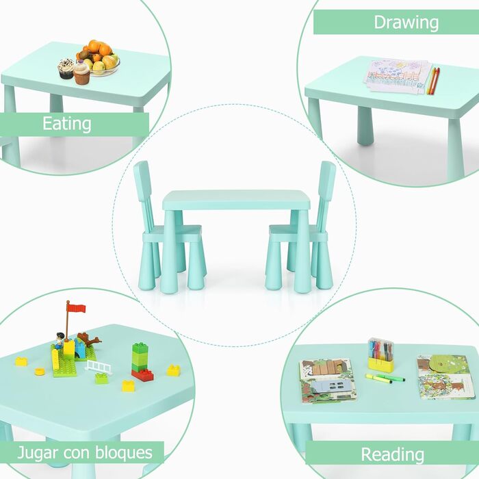 Дитячий стіл LIFEZEAL з 2 стільцями, симпатична пластикова дитяча група для сидіння, дитячі меблі зі спинкою та круглими краями, дитячий стіл та набір стільців для дівчаток та хлопчиків (зелений)