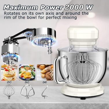 Кухонна машина Cheflee 2000W: потужна планетарна міксер для тіста та збивання, 6 швидкостей, 7.2 л чаша з нержавіючої сталі, гак для тіста та вінчик, захист від бризок (Cream White)