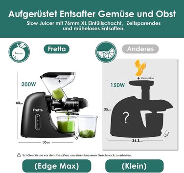 Електричний соковитискач Fretta Slow Juicer: холодний віджим, 76 мм, для овочів та фруктів, чорний