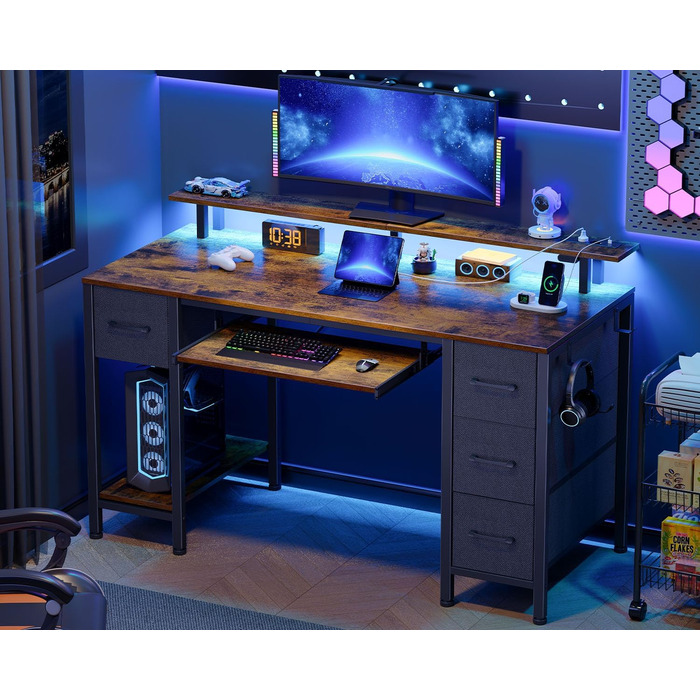 Ігровий стіл Seventable з LED підсвіткою, розетками та USB портами, шухлядами, підставкою для клавіатури та монітора (120x47x87 см, вінтажний коричневий)