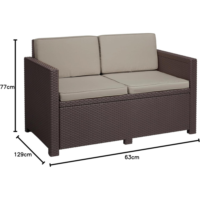 Садовий диван Allibert Victoria 2-місний ротанг коричнево-бежевий з подушками, вуличний, вологостійкий 129x63x77 см