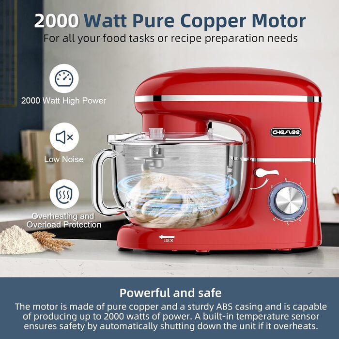 Кухонна машина Cheflee 2000W з місткістю 6.2л, нержавіюча сталь, 6 швидкостей, низький шум, насадки для замішування та збивання, для тіста та крему