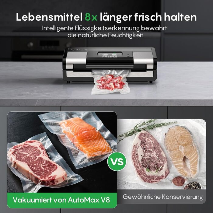 Вакууматор FRESKO Automatik для продуктів: автоматичний вакуумний пакувальник з турбо-потужністю 18л/хв, керування однією кнопкою, комплект з 2 рулонами для пакетів