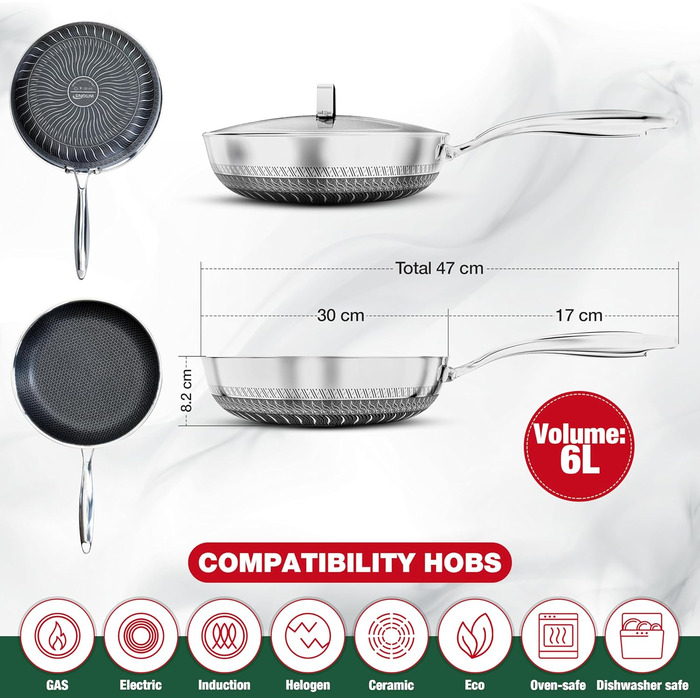 Сковорода INTIGNIS® з кришкою – 30 см / 12 дюймів / 6 л – з антипригарним покриттям | Стійка до подряпин | Глибока | Без хімікатів | Сковорода з нержавіючої сталі