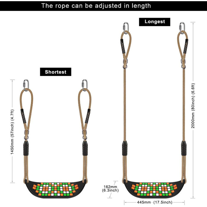 Гойдалка садові SELEWARE з міцним сидінням, 2м регульованим канатом та 2 карабінами, чорна (квадратне сидіння)