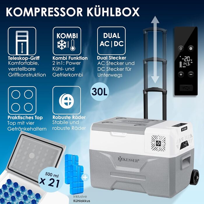 Холодильник KESSER® Kompressor 30л, -20°C, з APP-керуванням, USB, 12/24V/230V, для авто/човнів, сірий