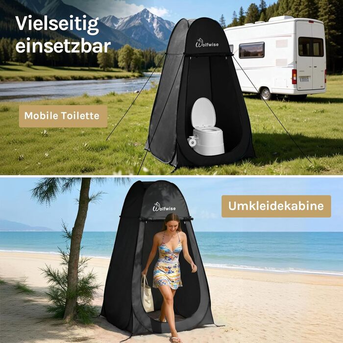 Складаний душовий та роздягальний намет WolfWise для кемпінгу та пляжу, водонепроникний з UV-захистом, 190x100 см, чорний