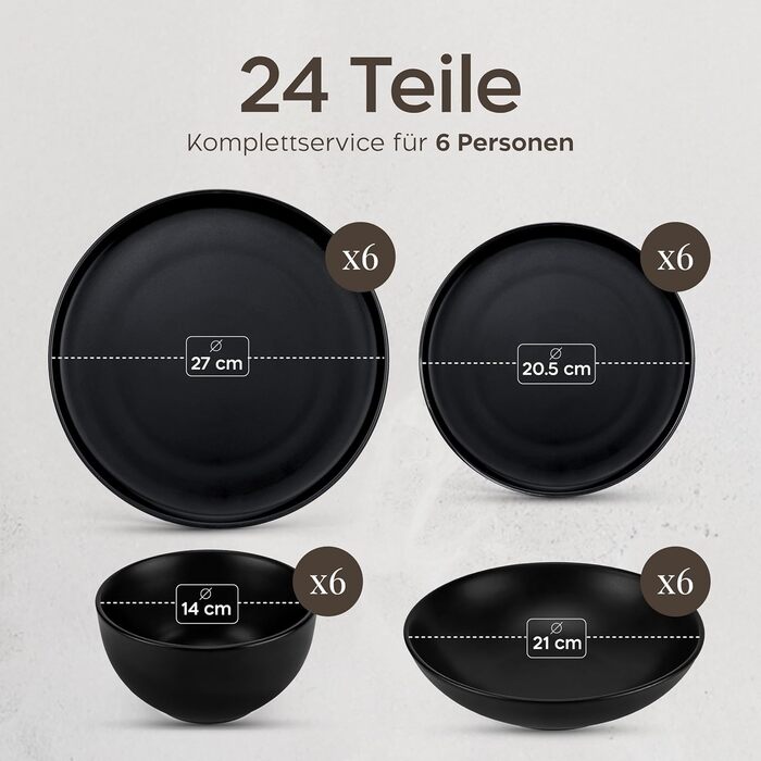 Набір посуду Twinzee Ebony Collection 24 частини: чорні тарілки та чашки з кераміки (стеінгуту) для 6 осіб