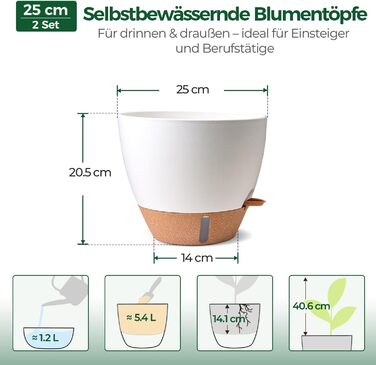 Набір 4 самополивні горщики для квітів T4U з індикатором рівня води, легкі у догляді, великі (25 см, білі)