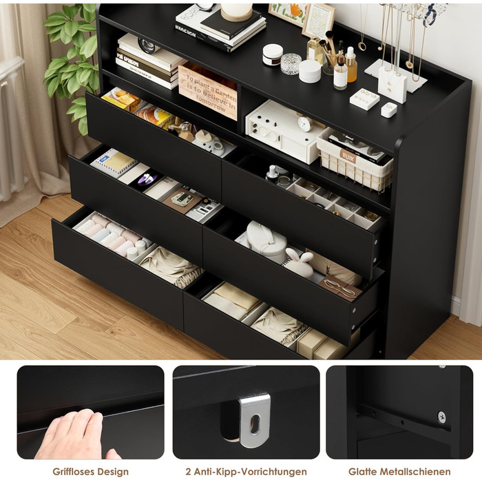 Комод FOREHILL з 6 висувними ящиками 120 см, тумба приліжкова для спальні, вітальні, коридору, 120x40x100 см, чорний