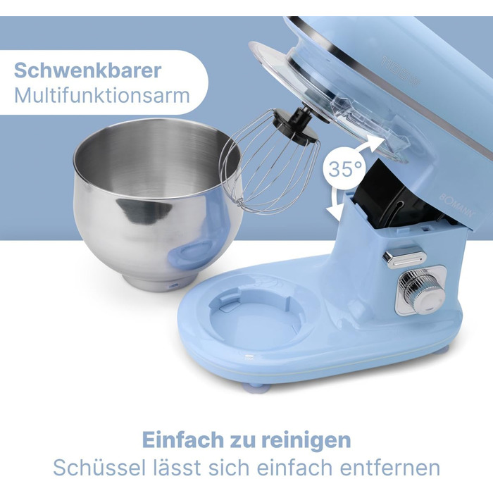 Кухонна машина Bomann 1100 Вт | 5л чаша | міксер, гак для тіста, насадка для збивання | для 3 кг тіста | KM 6030 CB блакитна