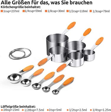 Подібний мірний стаканчик 18/8 з нержавіючої сталі набір мірних стаканчиків і ложок по 10 шт. , ручка збільшеної товщини, Американський (Різнокольоровий) ((8) 10 шт. Помаранчевий)