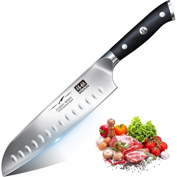 Ніж шеф-кухаря SHAN ZU Santoku: 18 см, нержавіюча сталь, ергономічна ручка, подарункова коробка