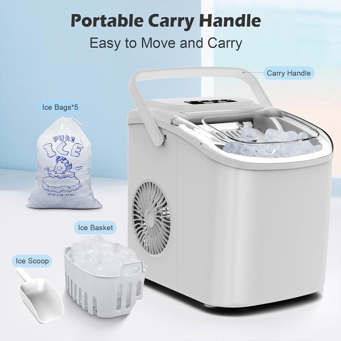 Портативний льодогенератор Kleine Eiswürfelbereiter - швидке виробництво льоду (9 кубиків за 6 хв), самоочищення, білий