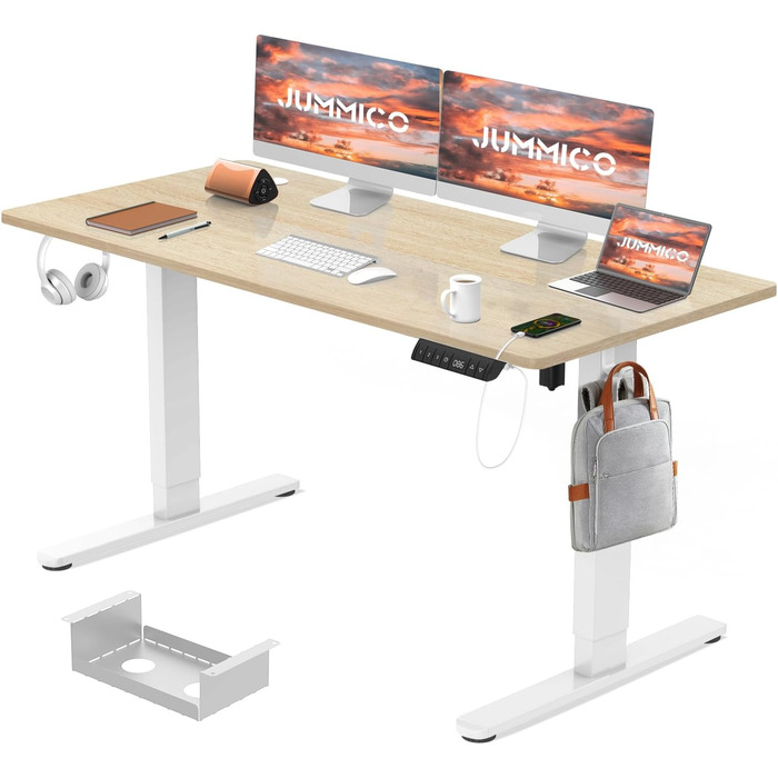 Електричний регульований стіл JUMMICO 160x80 см з зарядкою, комп'ютерний стіл з кабелеуправлінням, ергономічний стіл для сидіння та стояння, білий (бежевий)