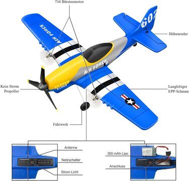 RC літак HAWK'S WORK P-51D Mustang 2.4GHz, готовий до польоту, 6-осьовий гіростабілізатор, синій - для дітей та початківців
