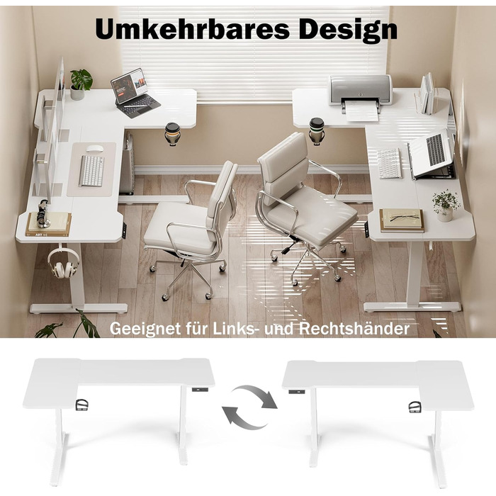 Кутовий стіл з регулюванням висоти 150x100 см, електричний, ергономічний, білий. З підстаканниками та гачками.