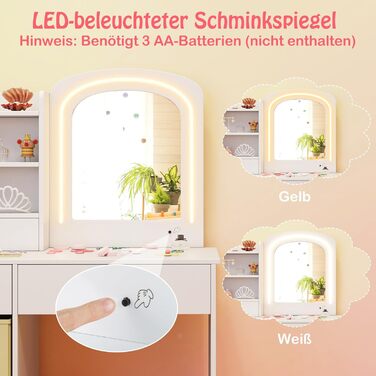 Дитячий туалетний столик DREAMADE для дівчаток з LED-підсвіткою, дерев'яний столик принцеси з відкритими полицями та 5 шухлядами, білий, від 3 років