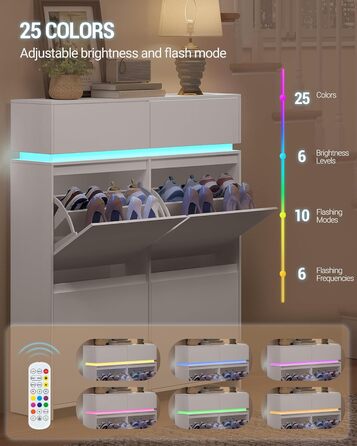 Взуттєва шафа Hzuaneri з 4 стулками, вузька, з LED-підсвічуванням, регульована перегородка, на 20 пар, 100 x 119 x 24 см, для передпокою, біла SR53603XEU