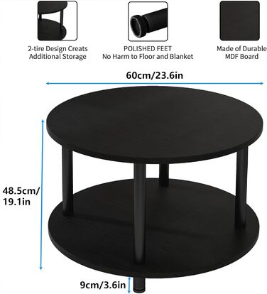 Журнальний столик круглий, 2 полиці, міцний метал/МДФ, 60x60x48.5 см, чорний