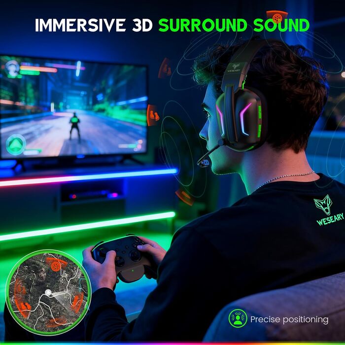 WG1 Бездротові навушники Bluetooth з мікрофоном для ігор, сумісні з PS5, PS4, PC, Switch, Mac, з LED-підсвічуванням, шумозаглушенням та 50 годин автономної роботи, сатиново-білі (сумісні з Xbox)