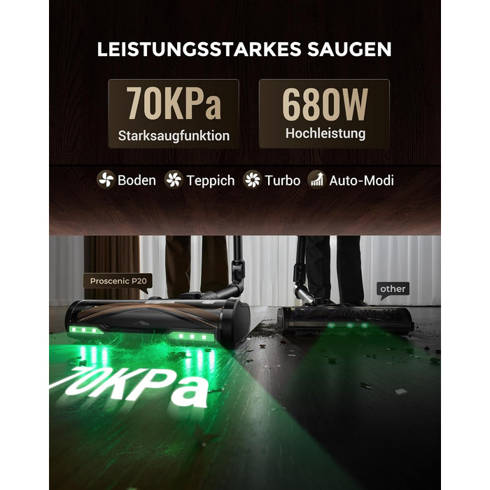 Proscenic P20: Акумуляторний пилосос 2-в-1 з функцією вологого прибирання, 70 кПа, 70 хв, 680 Вт, чорний. Для килимів та шерсті тварин