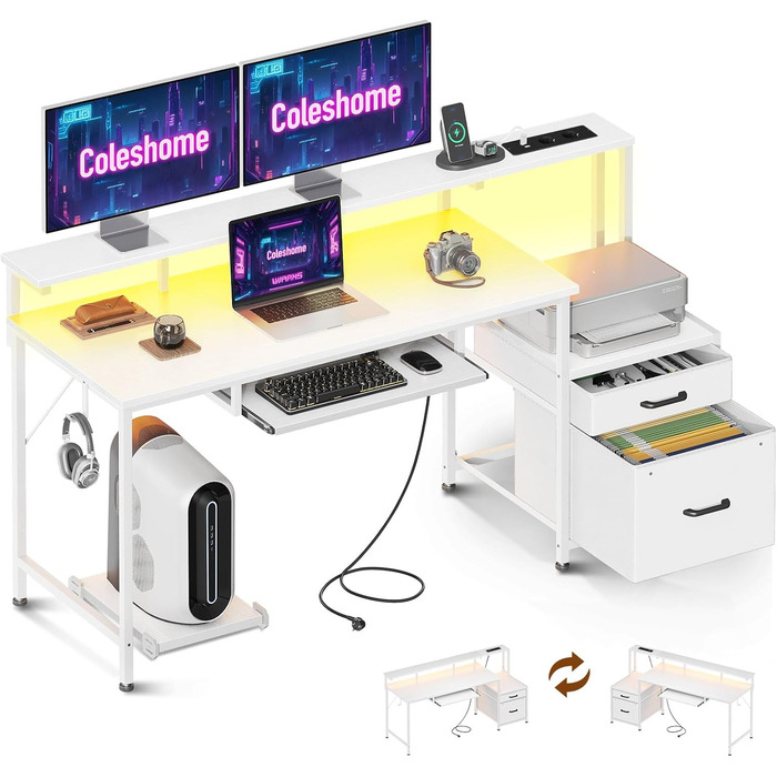 Ігровий стіл Coleshome з LED підсвічуванням, 140x48 см. Стіл з тканиними ящиками, комп'ютерний стіл з 2 розетками та 2 USB-портами, стіл для ігор з підставкою для монітора для дому/офісу, білий 140x48 см