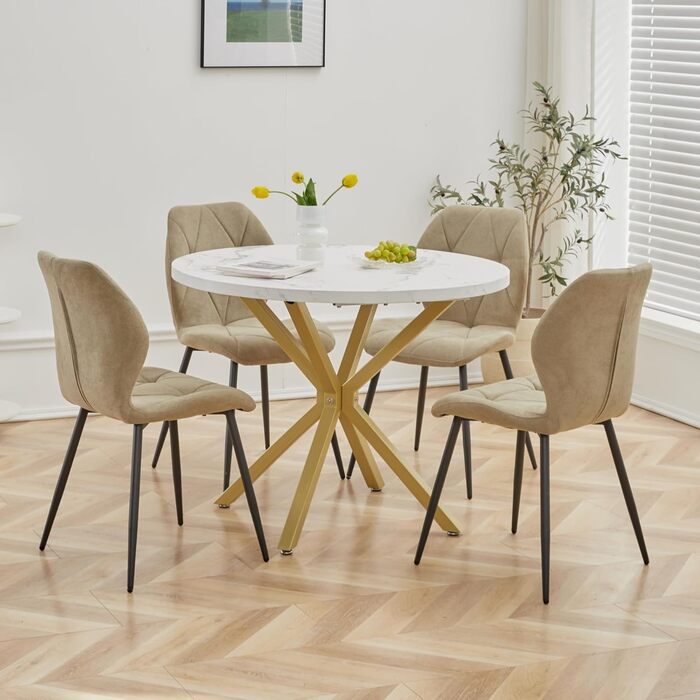 Комплект обіднього столу GrandCA HOME: круглий стіл 100 см + 4 сучасні лінові стільці, для вітальні, кухні, їдальні, темно-сірий (мрамор + зелений)