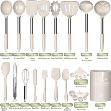 Набір кухонних помічників, 26 предметів: силіконове кухонне приладдя з нержавіючою сталею, стійке до нагрівання, з підставкою, антипригарне, для посудомийної машини - Хакі