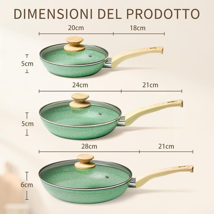 Набір сковорідок Innerwell з кришкою 3 шт. (20, 24, 28 см), індукційні сковороди з керамічним антипригарним покриттям, для професійного використання, безпечні (PFOA-free), придатні для миття в посудомийній машині, м'ятно-зелені