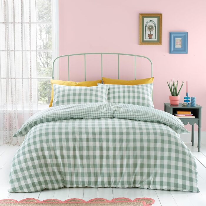 Комплект постільної білизни Catherine Lansfield Seersucker King Size Gingham Check Green (Стандарт Великобританії)