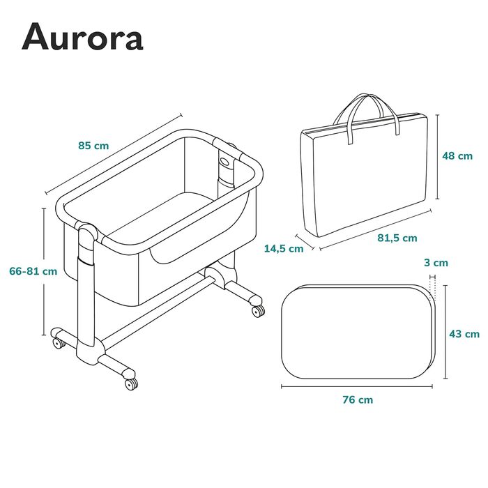 Дитяче ліжко Lionelo Aurora 3in1 до 9 кг, спальне місце, люлька, регулювання висоти, нахил, 4 колеса, сірий