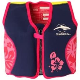 Дитячий посібник з плавання з неопрену, темно-синій/ рожевий гібіскус, куртка Konfidence. Зріст 6-7 років 21-26 кг, окружність грудей ОК. 66 см