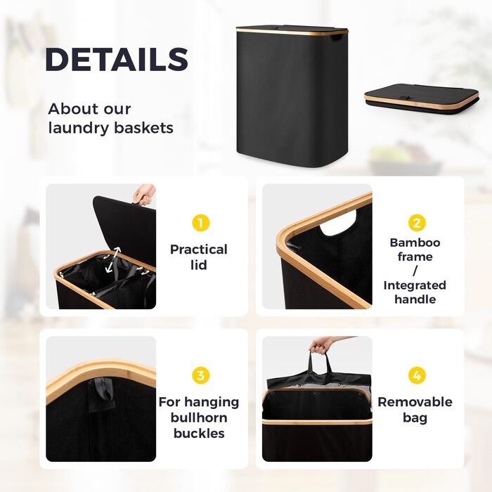 Кошик для білизни Rieeyrslza з кришкою 158 л з бамбука з 2 знімними мішками для білизни, Oxford, складний, для сортування, багатофункціональний, для ковдр та одягу (сірий) (чорний 145л)