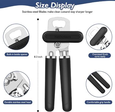 Відкривачка для консервів ручна, чорна, з відкривачем для пляшок, міцна, з гладкими краями та зручною ручкою