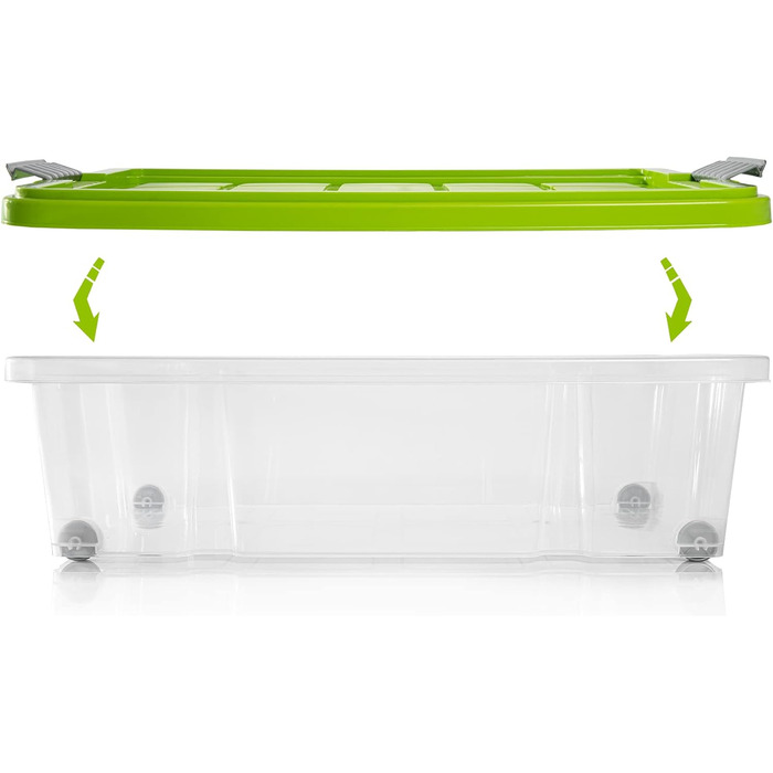 Ящик для зберігання під ліжко BigDean 2 шт. з кришкою 25 л салатовий зелений 60x40x17,5 см - з колесами затискний замок вкладається - ящик для зберігання Eurobox Ящик для зберігання ящик для ліжка - Зроблено в Німеччині