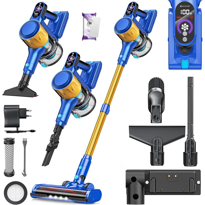 Бездротовий акумуляторний пилосос KESSER® з LED-дисплеєм, до 60 хвилин роботи, тихий, без мішка, з антинамотувальною щіткою, HEPA-фільтр, аромакарта (блакитний/золотий)