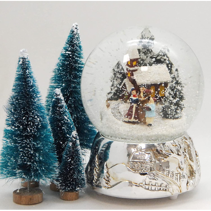 Різдвяна куля Snow Globe з музичною шкатулкою, срібна основа, 140 мм, Різдвяна мелодія