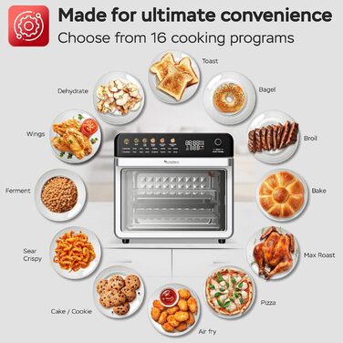 Багатофункціональна піч TurboTronic Multi Smart Oven 16-в-1: піч, фритюрниця, дегідратор, гриль, піч для піци. Об'єм 34 л, 2200 Вт, до 1 кг картоплі фрі, 40-350°C.