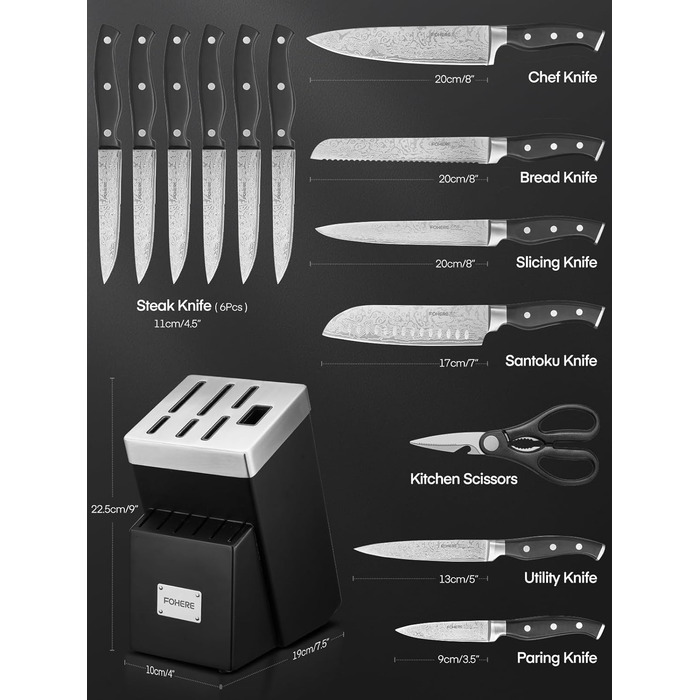 Набір ножів FOHERE 14 предметів з автозаточкою, кухонний набір з нержавіючої сталі, професійний, з ергономічними ручками