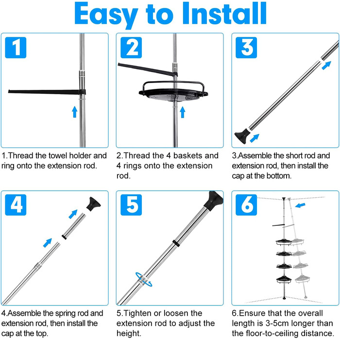 Телескопічна душова полиця ZHUGE , регульована кутова полиця для душу з 4 полицями, 4 гачками, анга для рушників для зберігання у ванній кімнаті, нержавіюча, 70-330 см від підлоги до стелі, (чорний)