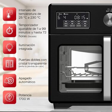 TurboTronic Міні-піч 4в1: конвекційна піч, фритюрниця, дегідратор, гриль. Об'єм 32л, з поворотним шампуром та аксесуарами. Чорний колір.