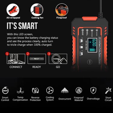 Зарядний пристрій для акумулятора 12V, автоматичний, інтелектуальний, з LCD-дисплеєм, для авто, мотоцикла, газонокосарки, човна RED