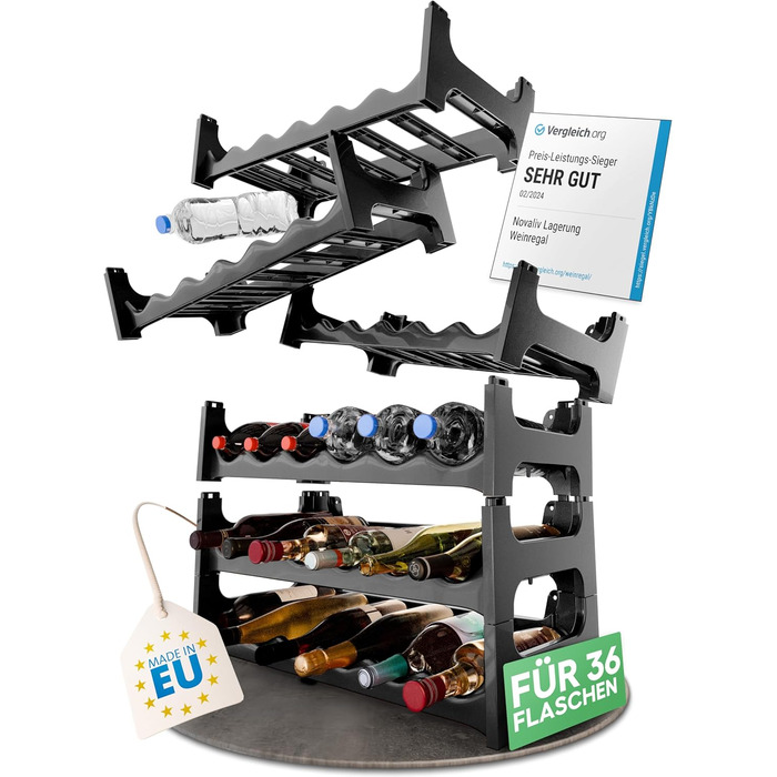 Стійка для пляшок Novaliv на 36 пляшок з переробленого пластику, розширювана, чорна, для вина та напоїв