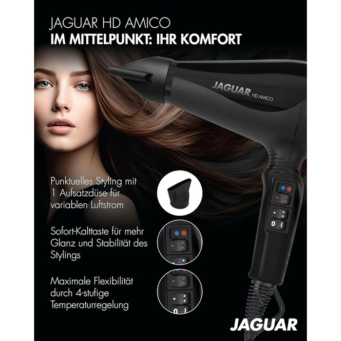 Фен JAGUAR HD AMICO Потужний професійний фен з кнопкою миттєвого охолодження та індивідуальним нагріванням і вентилятором для унікальних зачісок