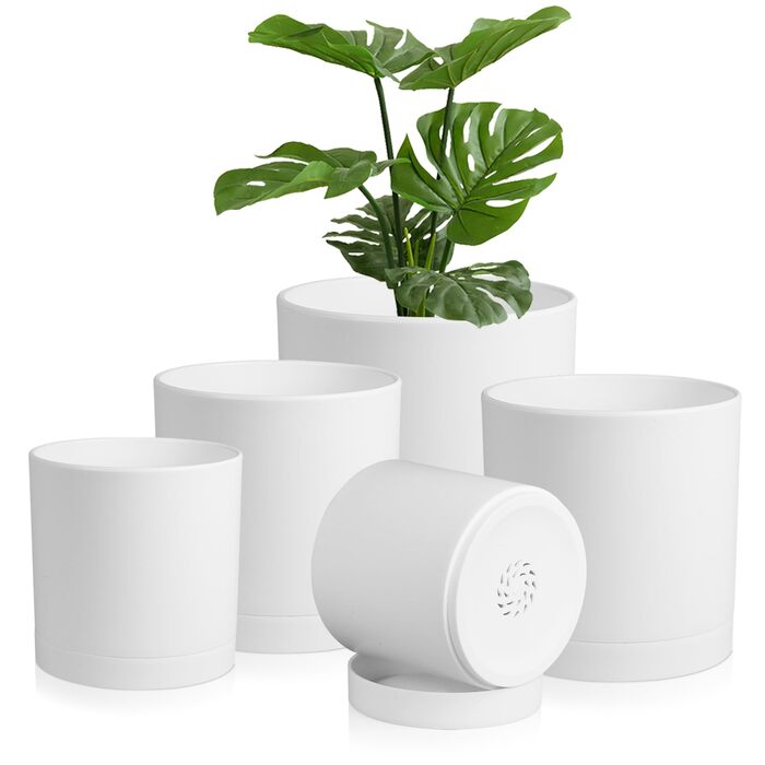 Набір горщиків для квітів з підставкою (5 шт.), 17.8/15.2/14/12.7/10.2 см, пластикові, для гідропоніки, кімнатних рослин та балконів, зелені з коричневим піддоном