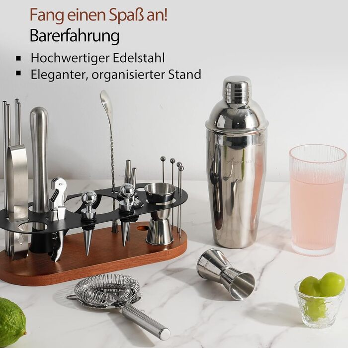 Набір бармена 23 шт: шейкер, сито, ложка, мадлер, для дому, бару, вечірки (колір коричневий)