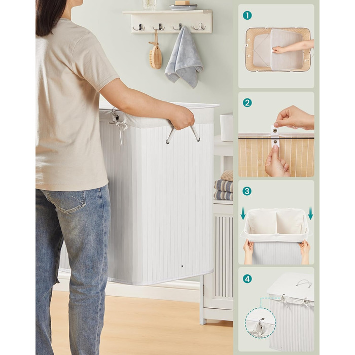 SONGMICS Кошик для білизни з кришкою, 2 відділення, бамбук, складаний, знімний мішок, для прання, з ручками, 120 л, білий